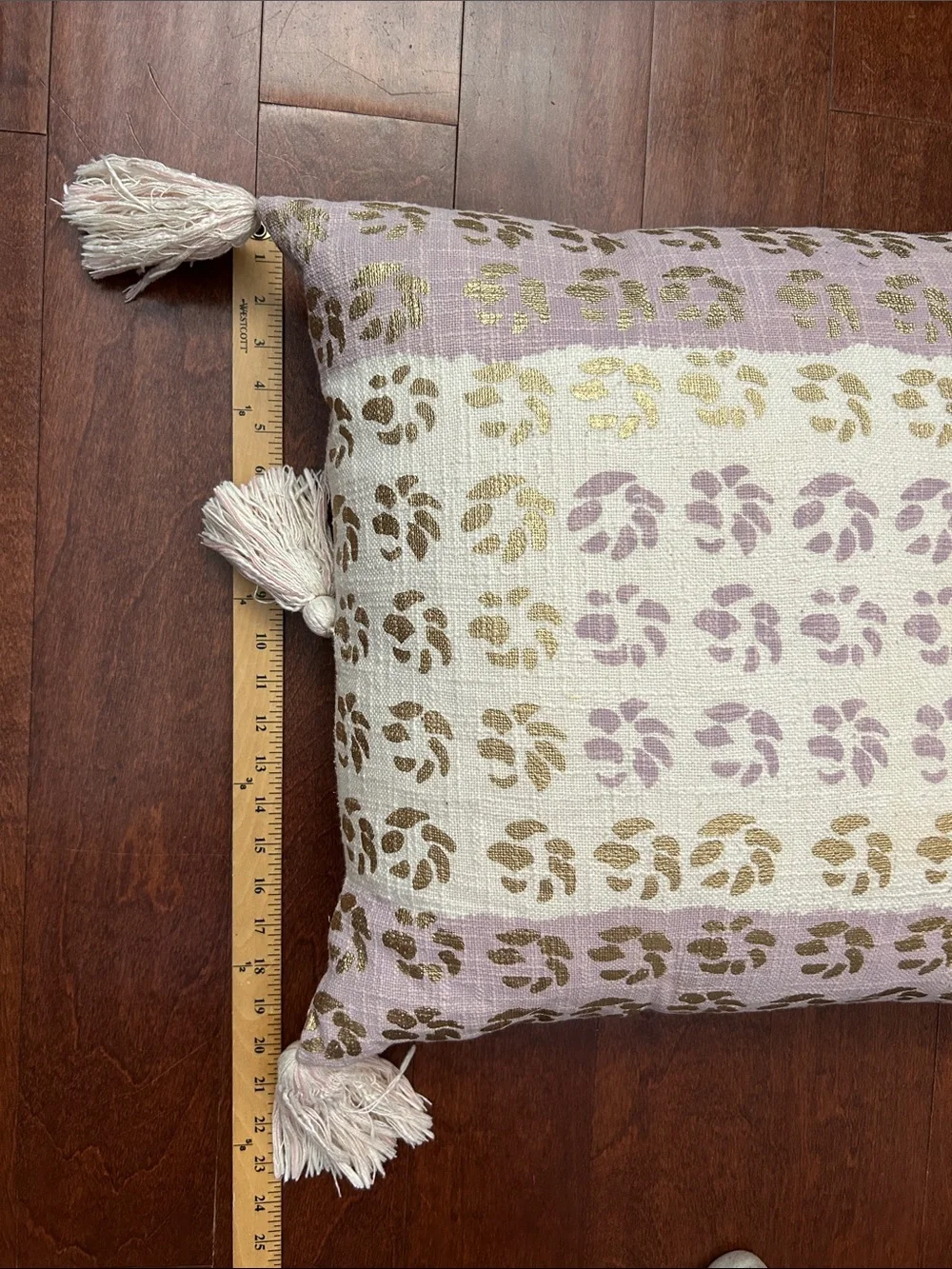 Anthropologie Large Boho Metallic Gold and Lavender Tasseled Pillow, 20”x20”